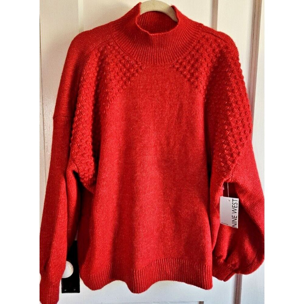 NWT NINE WEST red mock neck cozy pullover sweater ballon sleeves woman Sz 2X
